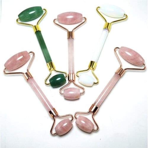 Natural Rose Quartz Crystal Facial Double-Roller Massage Stick Metal Beauty Aapparatus Facial Care Pleasure Stick Opal Gifts