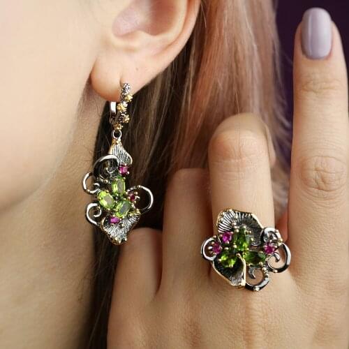 Olivine Crystal Earrings Ring Jewellery Set Leaf Dangle Earrings Color Zircon Gun Metal Nice 2pcs Jewelry Sets for Women