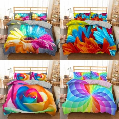2/3Pcs 3D Rainbow Colorful Rose Flower Printing Pillowcase Quilt Cover Wedding Bedding Set Bedspread Bedclothes