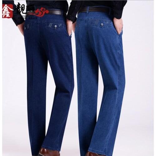Top quality 2020 autumn winter Casual Solid blue Old men straight elderly Embroidery high waist stretch trousers Plus size 40