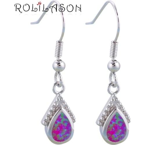 ROLILASON DIY Brand Design Elegant Pink Fire Opal Silver Stamped Fashion Jewelry Drop Earrings for Women OE624