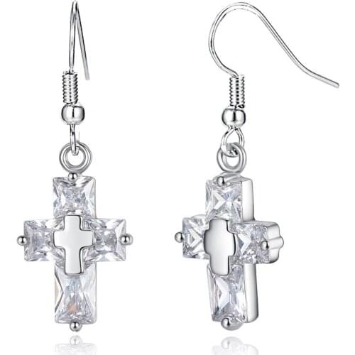 Luxury Silver Plated Crystal Cross Dangle Earrings Womens Party Jewelry Symbols of God Love and The Faith Wedding Gifts