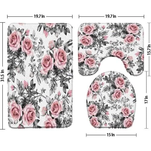 Pink Rose Flowers Grey Bath Mats Bathroom Set Spring Floral Plants Print Bathroom Decor Floor Mat U-shaped Pad Toilet Seat Cover