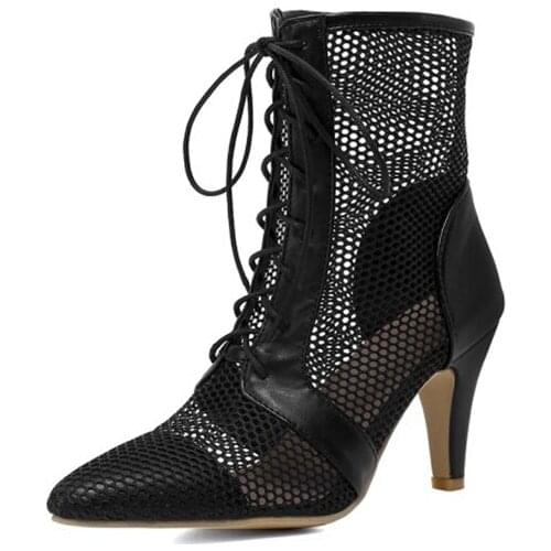 Spring Autumn Sexy Mesh Sandals Ankle Boots Women Pointed Toe Stiletto Heels Fashion Lace Up Party Shoes Size 32-47 FV-110