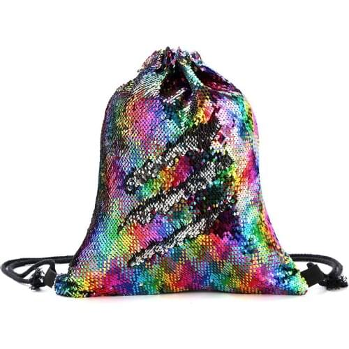 Sequins Drawstring bag polyester gym bag Outdoor Sports backpack light gym bags inner zip pocket string storge organizer