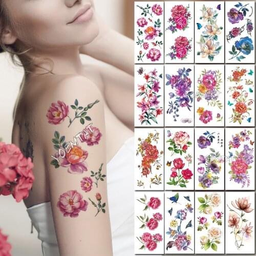 Waterproof temporary tattoo stickers pink peony flower romantic rose henna fake body art flash tatoo bo art