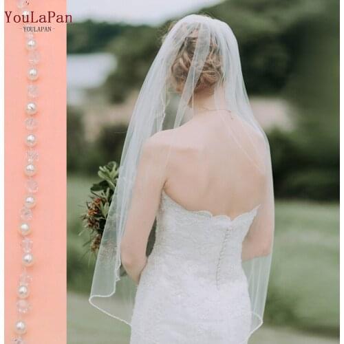 Youi La Pan V34 Elegant Wedding Veil with Crystal Edge for Bride 1 Layer White Fingertip Length Veil with Comb Bridal Veil