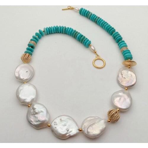 YYGEM 20" Freshwater White Coin KeShi Pearl Blue Turquoise rondelle choker Necklace ethnic party for Women gift