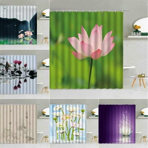 Chinese Style Pink Lotus Scenery Shower Curtain Spring Green Leaf Floral Bird Landscape Bathroom Decor Waterproof Cloth Curtains