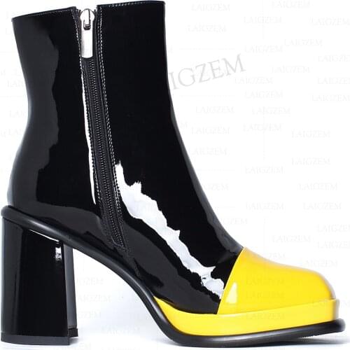 LAIGZEM Women Ankle Boots LEATHER Zip Up Patchwork 9.5CM Block Thick High Heels Booties Comfortable Shoes Woman Size 33 38 40 41