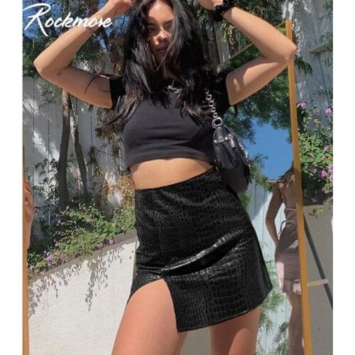Rockmore Faux Pu Leather Sexy Split Mini Skirts Women Y2K High Waist Skirt Ladies Casual Revel Party Black 2021 Summer Gothic
