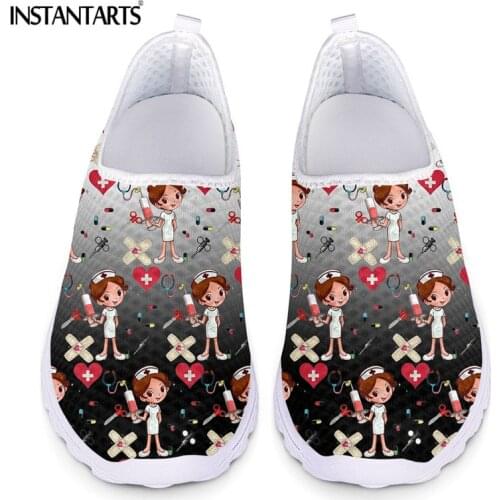 INSTANTARTS Gradient Black and White Nurse Girl Pattern Women Flats Shoes Lightweight Elastic Band Slip On Walking Shoes Mujer