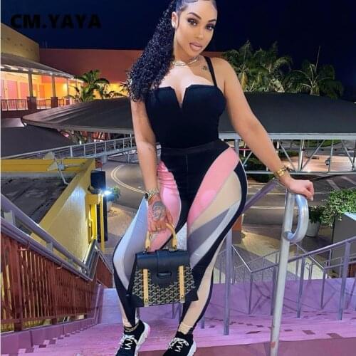 CM.YAYA Women Jumpsuit Print Strap Stretchy Pencil Rompers Female Fashion Sexy One Piece Overalls Casual Outfits Summer 2021