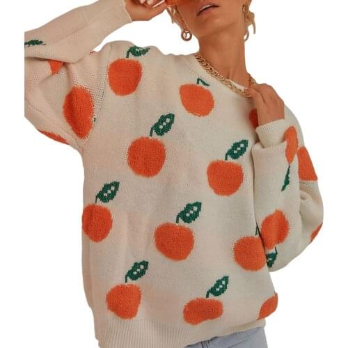 Women Loose Knit Sweater Adults Casual Orange Pattern Long Sleeve Round Neck Pullover Spring And Autumn Daily Wearing