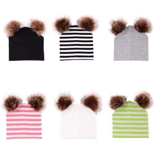 Winter Baby Knit Hat With Two Fur Pompoms Boy Girls Fur Ball Beanie Kids Caps Double Pom Hat for Children