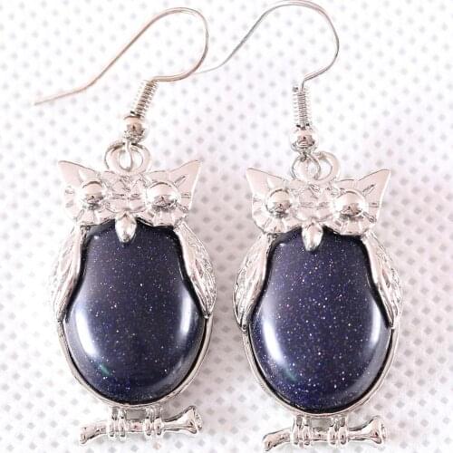 Jewelry Gift for Women Dangle Earrings Natural Gem Blue Sandstone Oval CAB Cabochon 16x28MM Animal Owl Earring 1Pair U090