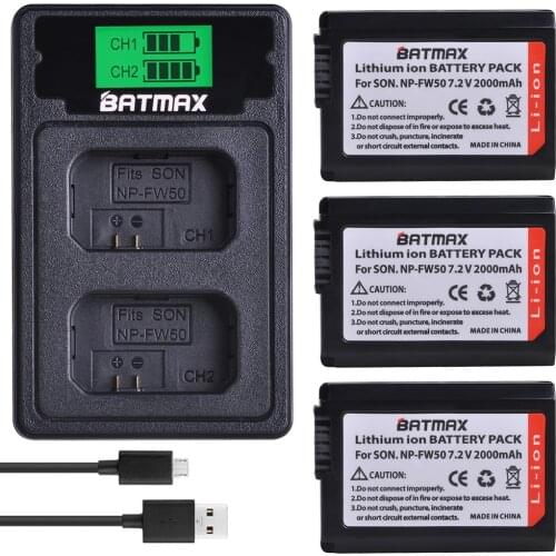 3X 2000mAh NP-FW50 NP FW50 NPFW50 Battery Akku + USB LCD Dual Charger for Sony Alpha a6500 a6300 7R a7R a7R II a7II NEX-3 NEX-5
