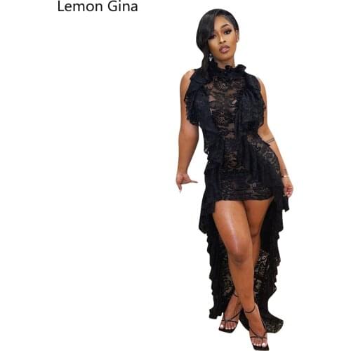 Lemon Gina Irregular Sleeveless Lace Lotus Leaf Gets Mop The Floor Dress