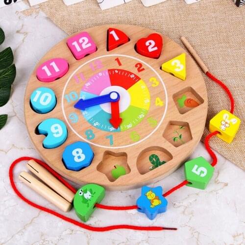 Wooden children toy Early education geometry Digital Alarm Clock toy Childrens beaded string toys