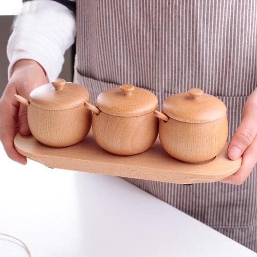 Wooden Seasoning Container Storage Box with Lid and Spoon Kitchen Tool Wooden Salt Cellar Box Spice Jar Sugar Bowl Pepper Box
