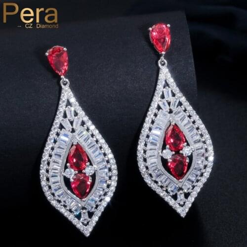 Pera Classic Banquest Party Big CZ Red Stone Silver Color Pin Jewelry Long Drop Cubic Zirconia Earrings For Women E294