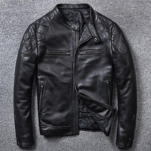Genuine Leather Jacket Mens Sheepskin Thick Short Slim Leather Jacket Fashion Motorcycle Jacket Leather Jacket