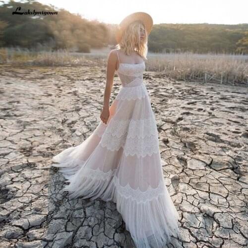Lakshmigown Spaghetti Straps A-line Destination Nude/Champagn Bridal Dress Lace Up Back Cut Out Side Bridal Dress with Belt