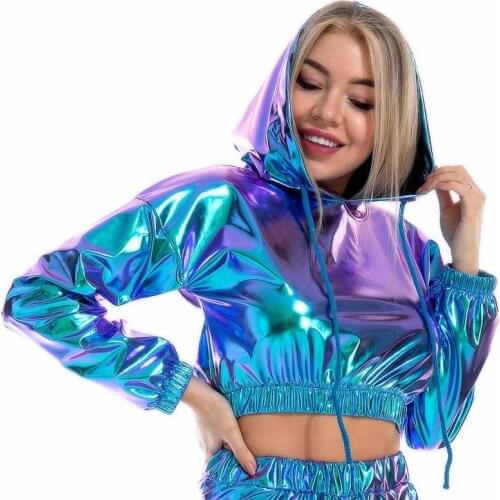 Laser shine short cropped hoodie sweatshirt Women long sleeve casual black oversized hoodie Female gold sexy party tracksuit top