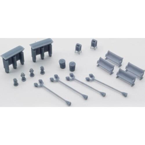 Outland Models Roadside / Park Accessories Set Bench, Light Pole, Fire Hydrant... 1:87 HO Scale Scenery