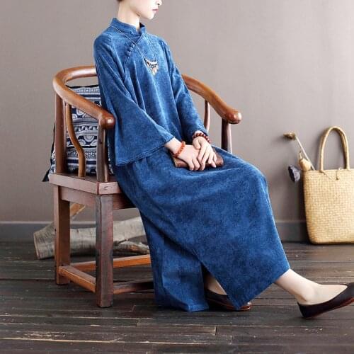 Women Loose Solid Color Stand Collar Autumn Winter Dress Ladies Qipao Dress Female Vintage Patchwork Corduroy Dresses
