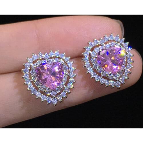 UILZ Luxury AAA Pink Zircon Bride Stud Earrings Exquisite Heart-shaped Geometric Wedding Earrings 2021 New Hot Selling Jewelry
