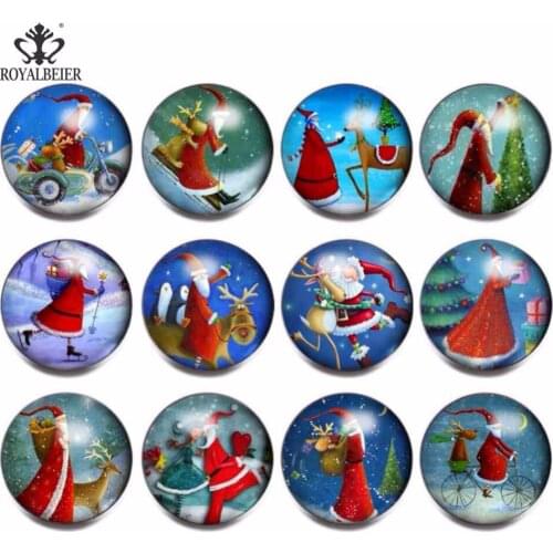 RoyalBeier 12pcs/lot Mixed Christmas Pattern Multi Glass Charms 18mm Snap Button Jewelry For Snaps Bracelet Snap Jewelry KZ0832