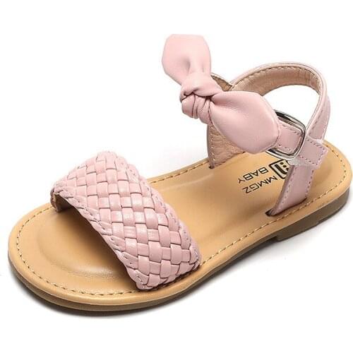 Girls Woven Sandals 2021 Summer New Soft Bottom Velcro Cork Bow-knot Cute Princess Shoes Fashion Flats Chic Sweet 21-30 Non-slip