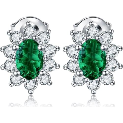 Zhanhao Wedding Engagement Gemstone Earrings 6*4mm 1ct Sun Flower Shape Green Lab Grown Zambia Emerald Stud Jewelry