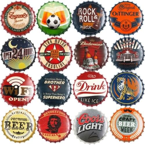 Beer Bottle Cap Whisky Vintage Metal Tin Signs Poster Plaque Cafe Bar Pub Signboard Wall Decor Retro Nostalgia Round Plates