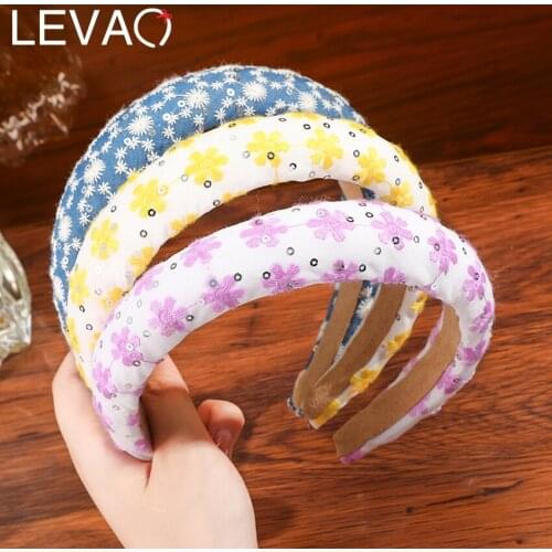 Levao New Padded Embroidery Headband For Women Fashion Sequins Hair Bands Hoop Bezel Hair Accessories Headwear