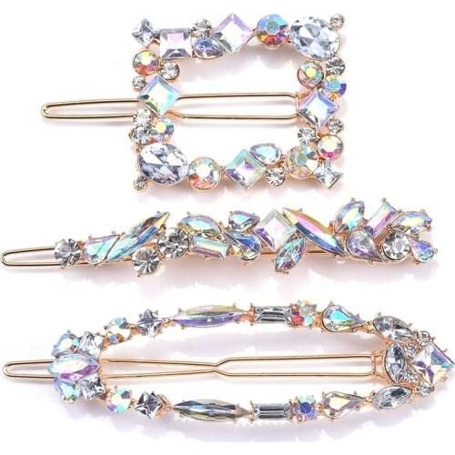 3pcs Luxury AB Crystal Rhinestone ZA Hairpins Hair Jewelry Women Geometric Long Hair Clip Female Party Club Headwear Barrettes