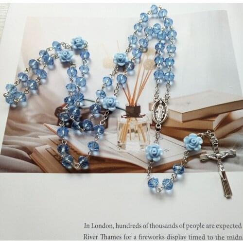 Cross Blue Rose Catholic Crystal Rose Christ Jesus Cross Necklace Religious Ladies Hanging Necklace