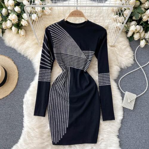 Women Sexy Bodycon Streetwear Dress Korean Fashion Long Sleeve O Neck Slim Design Diamon Dresses Autumn Midi Clothing 2021 New