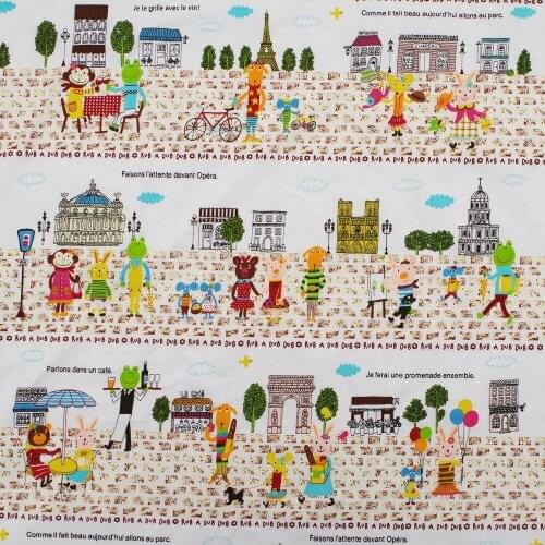 1 yard Cotton Twill Fabric for sewing pathwork, cloth, bedding - Animal, house, tower and church (width=160cm)