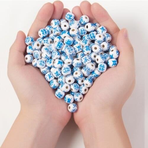 50Pcs 12mm Natural Wood Beads Round Green Flower Wooden Beads To Needlework Handmade For DIY Jewelry Bracelets Components Making