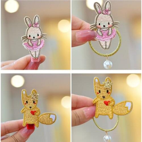 8pcs/Lot Playful Cute Embroidery Animal Hairpins Cartoon Rabbit Fox Hair Clips Princess Headwear Kids Hair Rope Hair Accessories