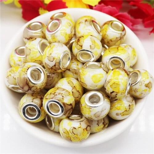20 Pcs Set Yellow Color Flower Art Glass Beads Big Hole Murano Beads Pandora Bracelet Bangle European Women Girls Jewelry Gift