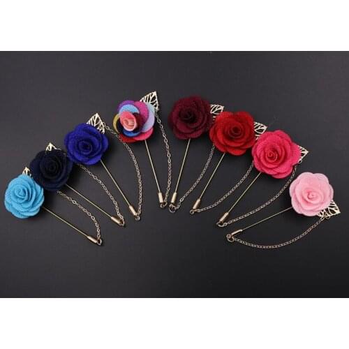 Korean Neutral Fabric Rose Flower Pin Brooch Bridegroom/bridesmaid Mans suit Rose flower pin brooch jewelery with chain y1511