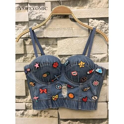 New Cowboy Hole Push Up Denim Bustier Crop Top Womens Ripped Sexy Cropped Feminino Strappy Bralette Bras Camis Tops Cropped D-20