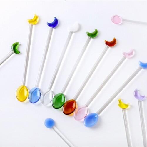 New Moon Shape Spoon Stir Glass Spoon Lovely Creative Long Handle Juice Coffee Multi-color Glass Rod Home Use