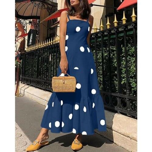 New Fashion Womens Summer Boho Casual Long Maxi Dress Girls Lady Strappy Polka Dot Holiday Party Beach Dress Sundress