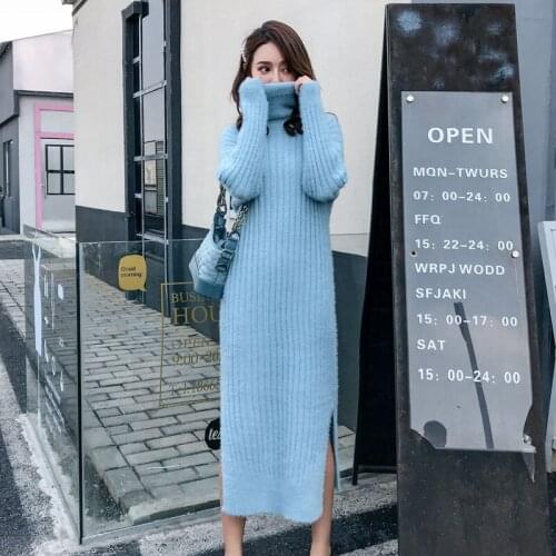 Autumn Winter Women Fashion Turtleneck Sweater Dress Long Sleeve Soft Mink Cashmere Knitted Dress Retro Split Thick Warm Dress