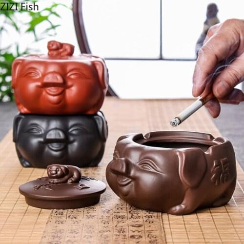 Creative Ceramic Cute Pig Ashtray with Lid Home Living Room Office Desktop Crafts Decoration Anti-ash Large-capacity Art Ashtray
