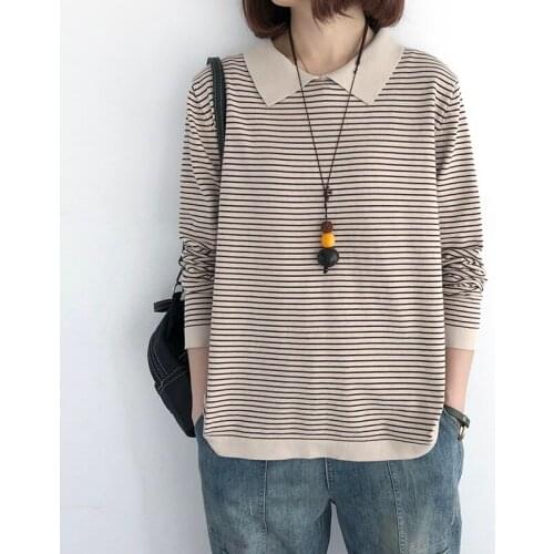 Striped Cotton Knitted Loose Women Sweater Pullovers Thin Spring New All Match Female Pulls Tops
